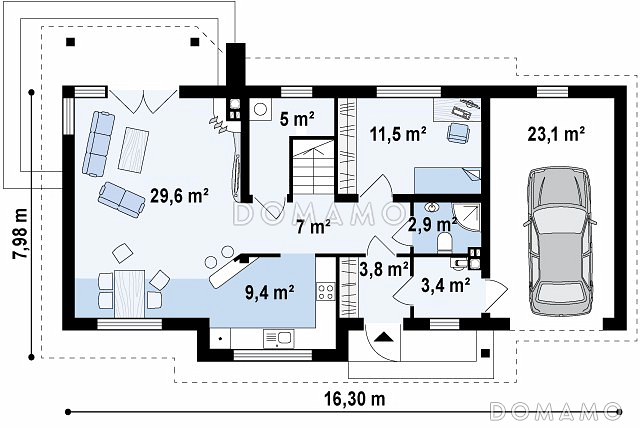 Проект традиционного мансардного дома из газобетона с дополнительной спальней на первом этаже и гаражом / План 1 этажа