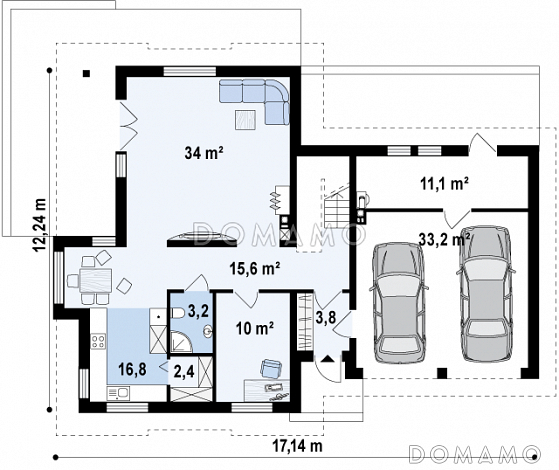 Проект одноэтажного мансардного дома из газобетона с кабинетом, гаражом на два автомобиля и большой мансардной комнатой / План 1 этажа