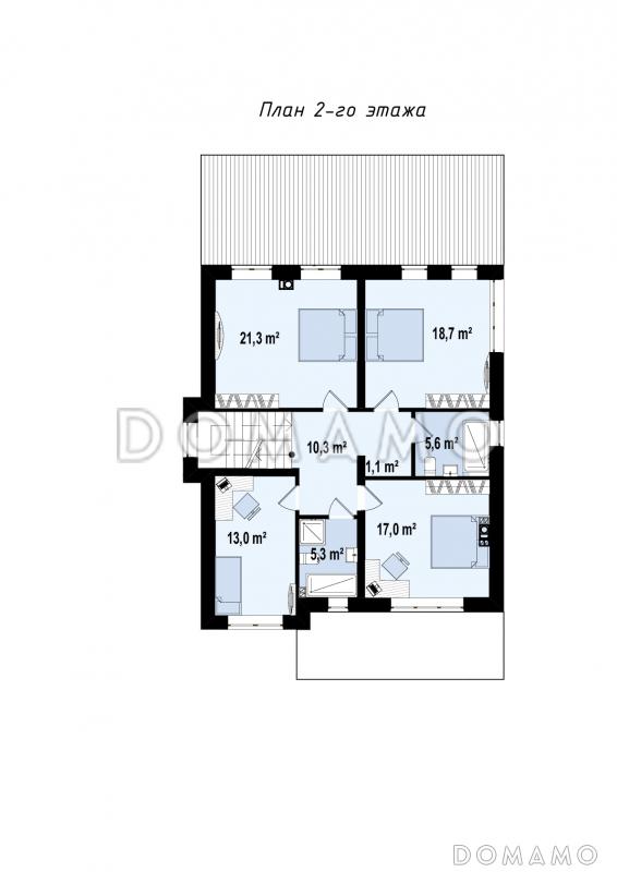 Проект современного двухэтажного дома из газобетона с пятью комнатами и крытой террасой, без гаража / План 2 этажа
