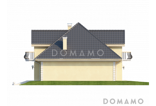 Проект классического одноэтажного мансардного дома из газобетона с кабинетом, хозяйственным помещением и с балконами в каждой из трёх спален / Фасад 2