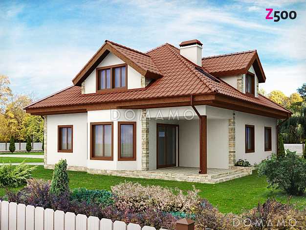 Проект просторного одноэтажного мансардного дома из кирпича с кабинетом, эркером и гаражом