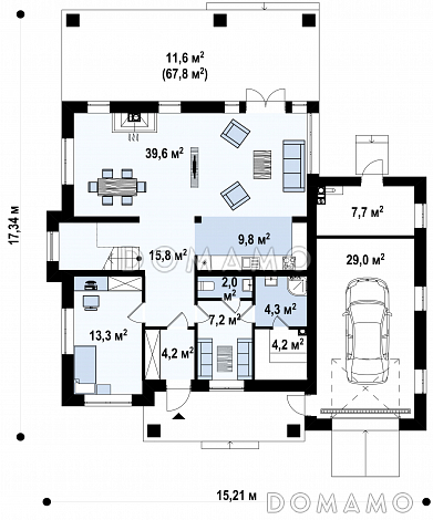 Проект двухэтажного дома с круглым окном, гаражом, просторной дневной зоной,  спальней и комнатой отдыха с сауной / План 1 этажа