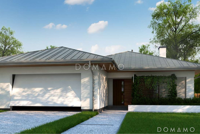 Проект комфортного одноэтажного дома из газобетона с гаражом, тремя спальнями и изолированной кухней