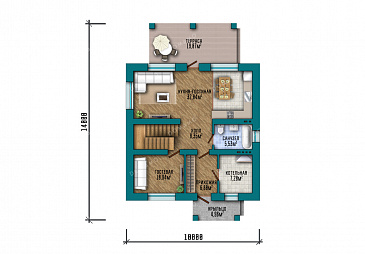 Проект двухэтажного дома с четырьмя спальнями наверху и одной внизу / План 1 этажа