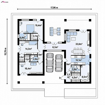 Проект оригинального одноэтажного дома из газобетона с крытой парковкой внутри дома / План 1 этажа