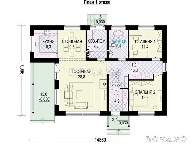 Проект одноэтажного компактного дома из кирпича с двумя спальнями, просторной дневной зоной и крытой террасой / План 1 этажа