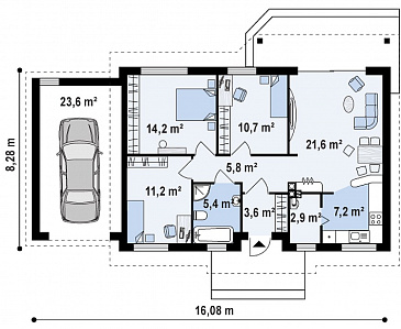 Проект компактного одноэтажного дома из кирпича с тремя спальнями, небольшой крытой террасой и гаражом / План 1 этажа