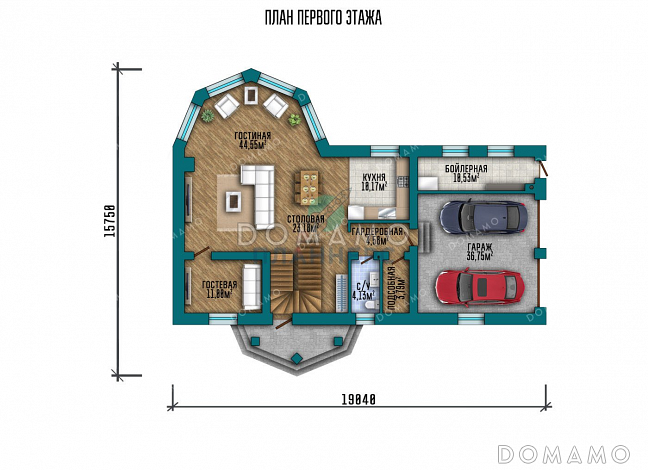 Проект двухэтажного дома с большой гостиной и гаражом на два автомобиля / План 1 этажа