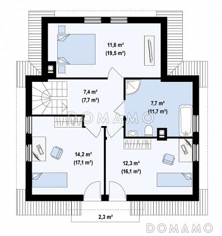 Проект одноэтажного мансардного дома из газобетона с балконом над входом / План мансардного этажа