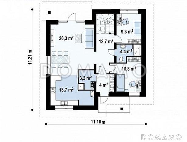 Проект загородного дома с балконом, кабинетом и спальней на первом этаже, тремя спальными комнатами на втором / План 1 этажа