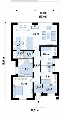 Проект одноэтажного дома из газобетона с тремя спальнями и крытой террасой / План 1 этажа
