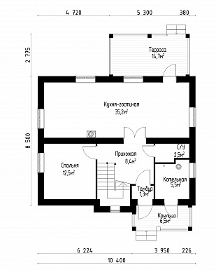 Проект коттеджа шале с террасой и балконом. / План 1 этажа