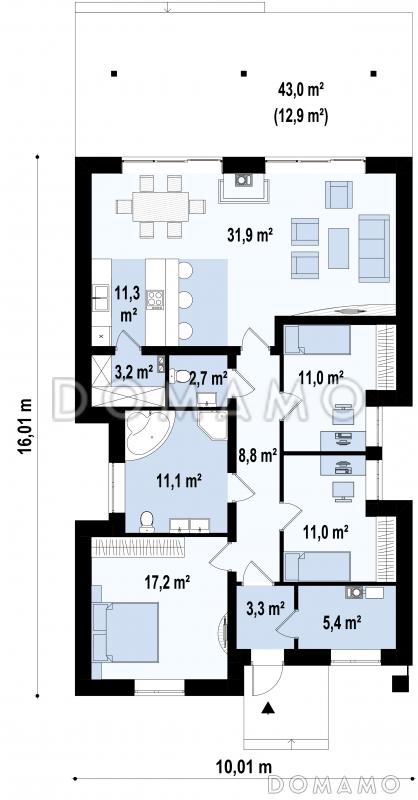 Проект одноэтажного дома из газобетона с тремя спальнями и крытой террасой / План 1 этажа