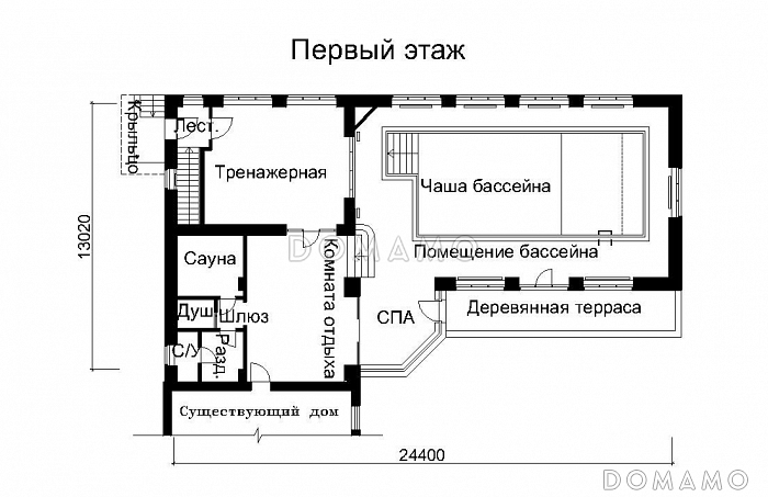 Проект пристроенного бассейна с отдельным входом / План 1 этажа