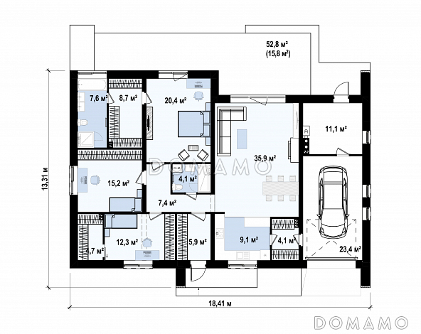 Проект одноэтажного дома с гаражом на одну машину, кладовой на кухне, хозяйской спальней, просторной гостиной с выходом на террасу / План 1 этажа