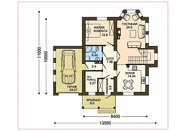 Проект бежевого оштукатуренного коттеджа с гаражом и эркером в гостиной / План 1 этажа