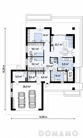 Проект комфортного одноэтажного дома из кирпича с гаражом, тремя спальнями и изолированной кухней / План 1 этажа
