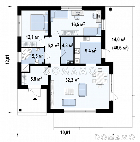 Проект компактного одноэтажного дома из кирпича с двумя спальнями и угловой террасой вдоль дома / План 1 этажа