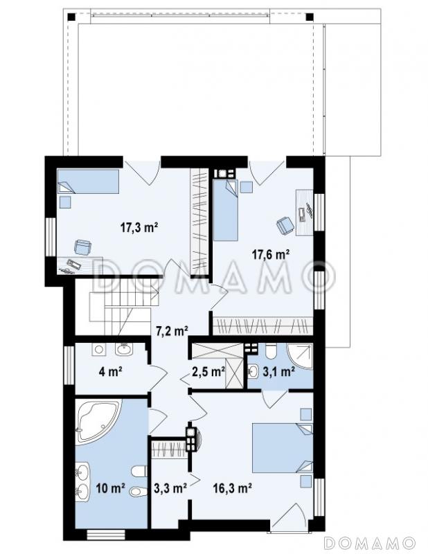 Проект современного двухэтажного дома из газобетона в стиле модерн, с террасой на втором уровне и встроенным гаражом  / План 2 этажа