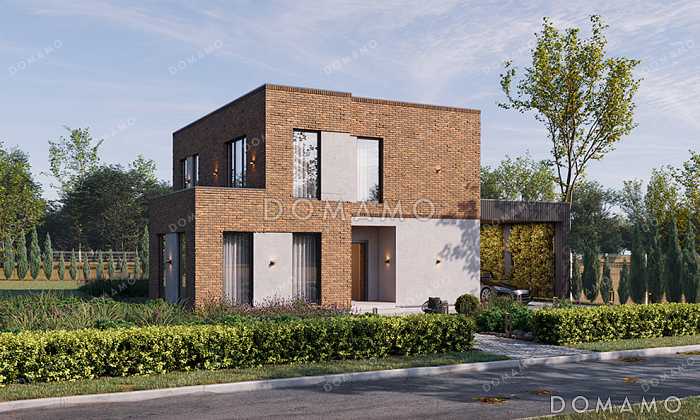 Проект двухэтажного современного дома с плоской крышей и навесом для авто