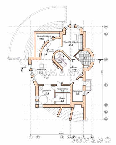 Проект коттеджа с двусветной гостиной и зимним садом / План цокольного этажа