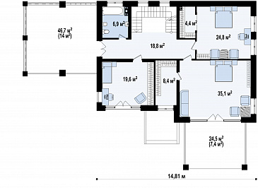 Проект просторного двухэтажного дома из кирпича с четырьмя комнатами, гаражом и террасами на обоих уровнях / План 2 этажа