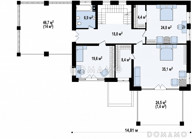 Проект просторного двухэтажного дома из кирпича с четырьмя комнатами, гаражом и террасами на обоих уровнях / План 2 этажа