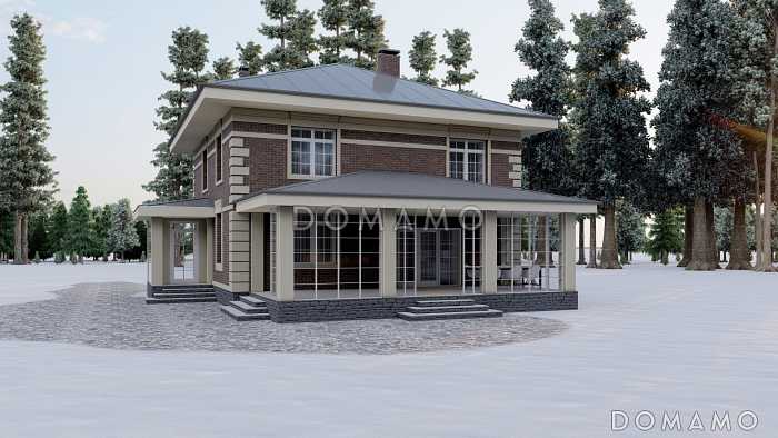 Проект двухэтажного дома с кабинетом, террасой и четырьмя спальнями