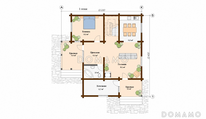 Проект дома из клееного бруса  с бильярдной на втором этаже / План 1 этажа