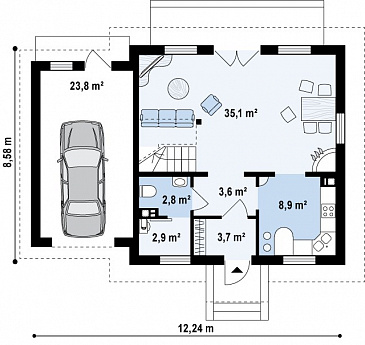 Проект одноэтажного дома из газобетона с мансардным этажом и гаражом / План 1 этажа