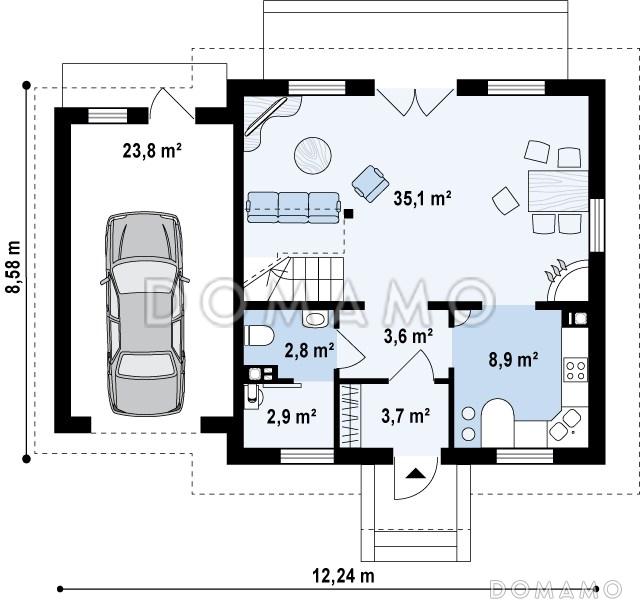 Проект одноэтажного дома из газобетона с мансардным этажом и гаражом / План 1 этажа