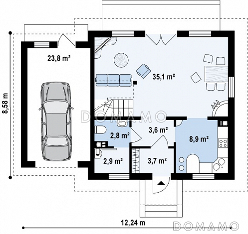 Проект одноэтажного дома из газобетона с мансардным этажом и гаражом / План 1 этажа
