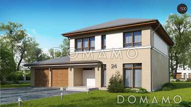 Проект современного двухэтажного дома из газобетона с четырьмя спальнями, кабинетом и пристроенным гаражом на два автомобиля