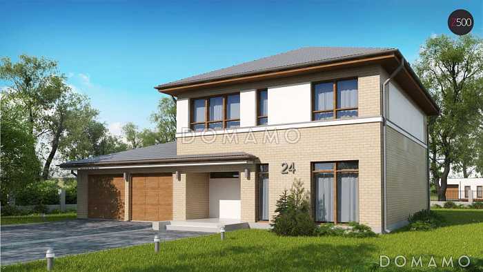 Проект современного двухэтажного дома из газобетона с четырьмя спальнями, кабинетом и пристроенным гаражом на два автомобиля