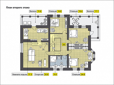 Проект загородного дома с эркером, с гаражом на две машины, двумя большими балконами и террасами / План 2 этажа
