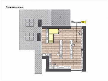 Проект дома с гаражом на одну машину, со спортзалом и душевой на втором этаже, большой мансардой / План мансардного этажа