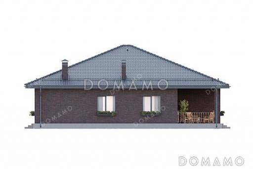 Проект большого одноэтажного дома с просторной зоной кухни-гостиной, крытой террасой, выделенной мастер-спальней и кабинетом / Фасад 1