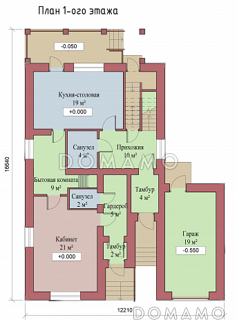Проект двухэтажного коттеджа с цоколем, с гаражом и отдельным входом в кабинет / План 1 этажа