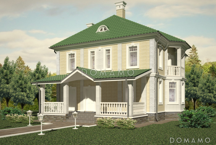 Проект классического коттеджа 10х10 с террасой из кирпича