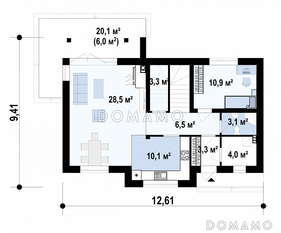 Проект загородного дома с камином в гостиной, террасой, кладовой под лестницей, мансардо / План 1 этажа