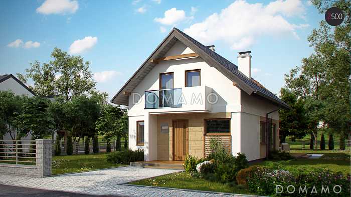 Проект компактного одноэтажного мансардного дома из газобетона с кабинетом и балконом