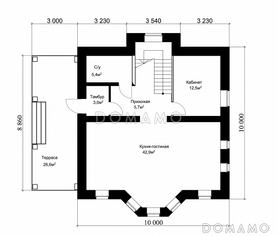 Проект классического коттеджа из кирпича с подвалом и террасой / План 1 этажа
