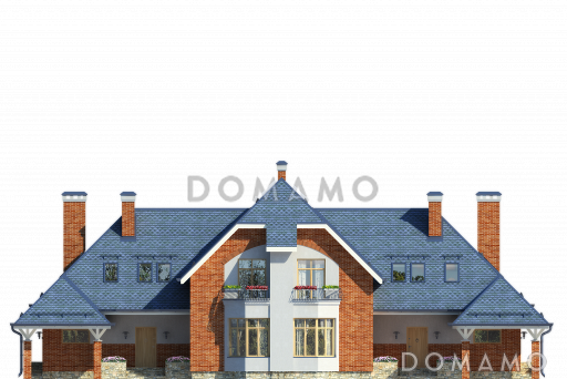 Проект дома с эркером в гостиной, комнатой на первом этаже, террасой, балконом, чердаком / Фасад 1