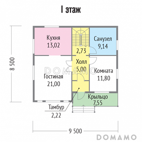 Проект каркасного дома с просторными комнатами / План 1 этажа