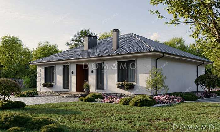 Проект квадратного одноэтажного дома с отделкой декоративной штукатуркой, террасой под общей вальмовой крышей и большой совмещенной кухней-гостиной