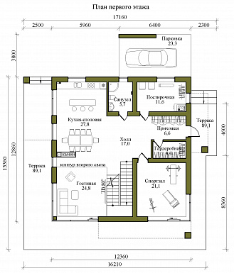 Проект двухэтажного кирпичного дома в стиле хай-тек с масштабным остеклением, вторым светом и спортзалом / План 1 этажа