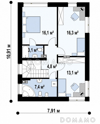 Проект классического двухэтажного дома из газобетона с четырьмя комнатами, техническим помещением и небольшой угловой террасой / План 2 этажа