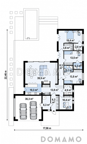 Проект просторного современного одноэтажного дома из газобетона с плоской крышей, с большой гостиной, террасой и гаражом  / План 1 этажа