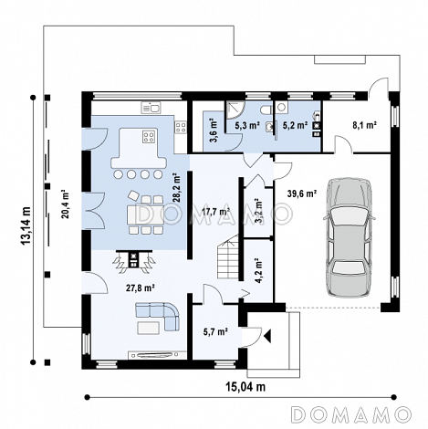 Проект современного двухэтажного дома с плоской крышей из кирпича с четырьмя спальнями, гаражом и просторной террасой над ним / План 1 этажа