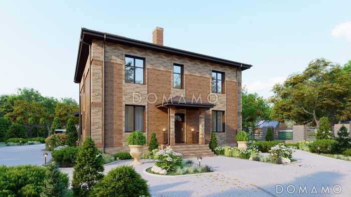 Проект двухэтажного дома с 4 спальнями, большой гостиной и подсветкой на террасе